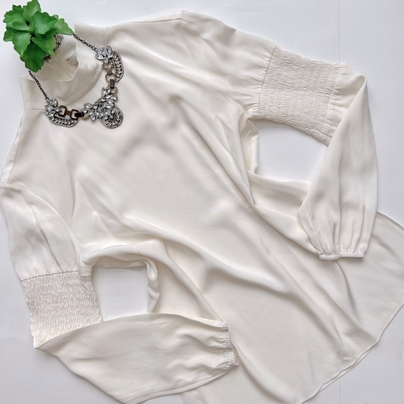 Tibi White Silk Mock Neck Long Sleeve Blouse Smocked Detailing S / XS - Picture 1 of 14